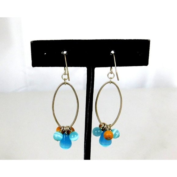 Oval Hoop Beaded Earrings Blue Brown Beads Fishhook Closure - Picture 7 of 7